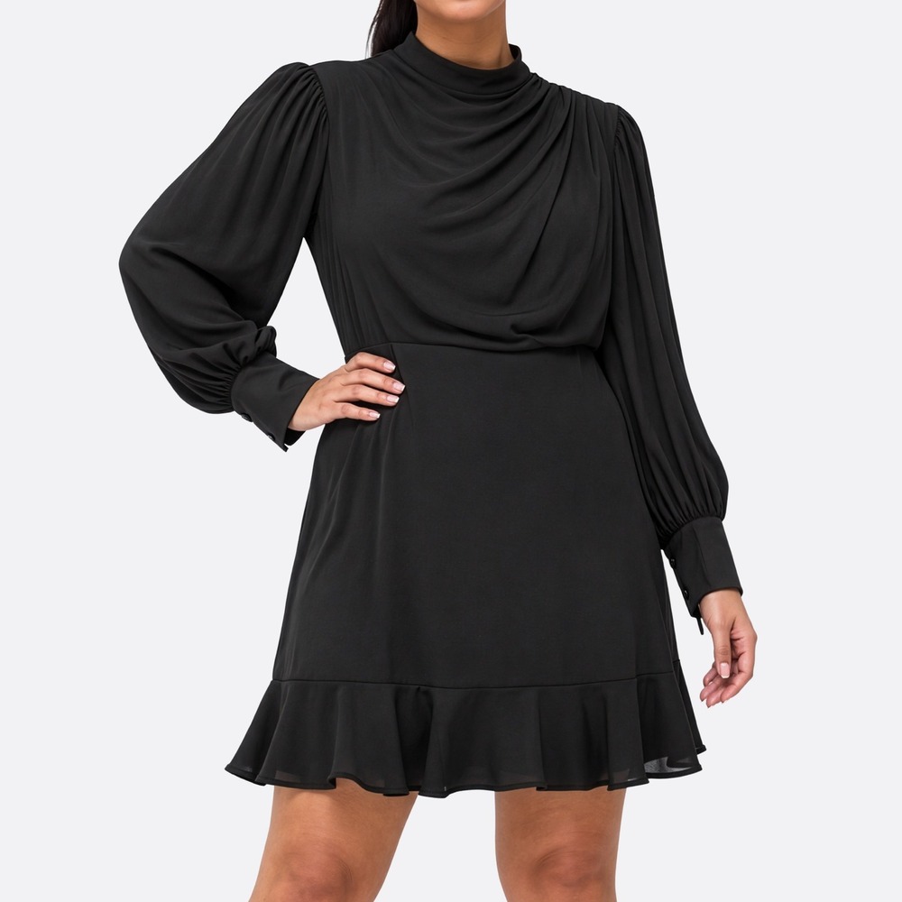 Express Draped Mock Neck Black Mini Dress XL/1X Ruffle Hem Quiet Luxury